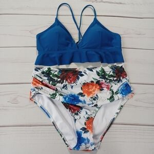 SouqFone High Cut Blue White Floral Bikini Beach Swimsuit Swimwear NWT